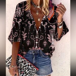 Boho western vintage floral print button down blouse